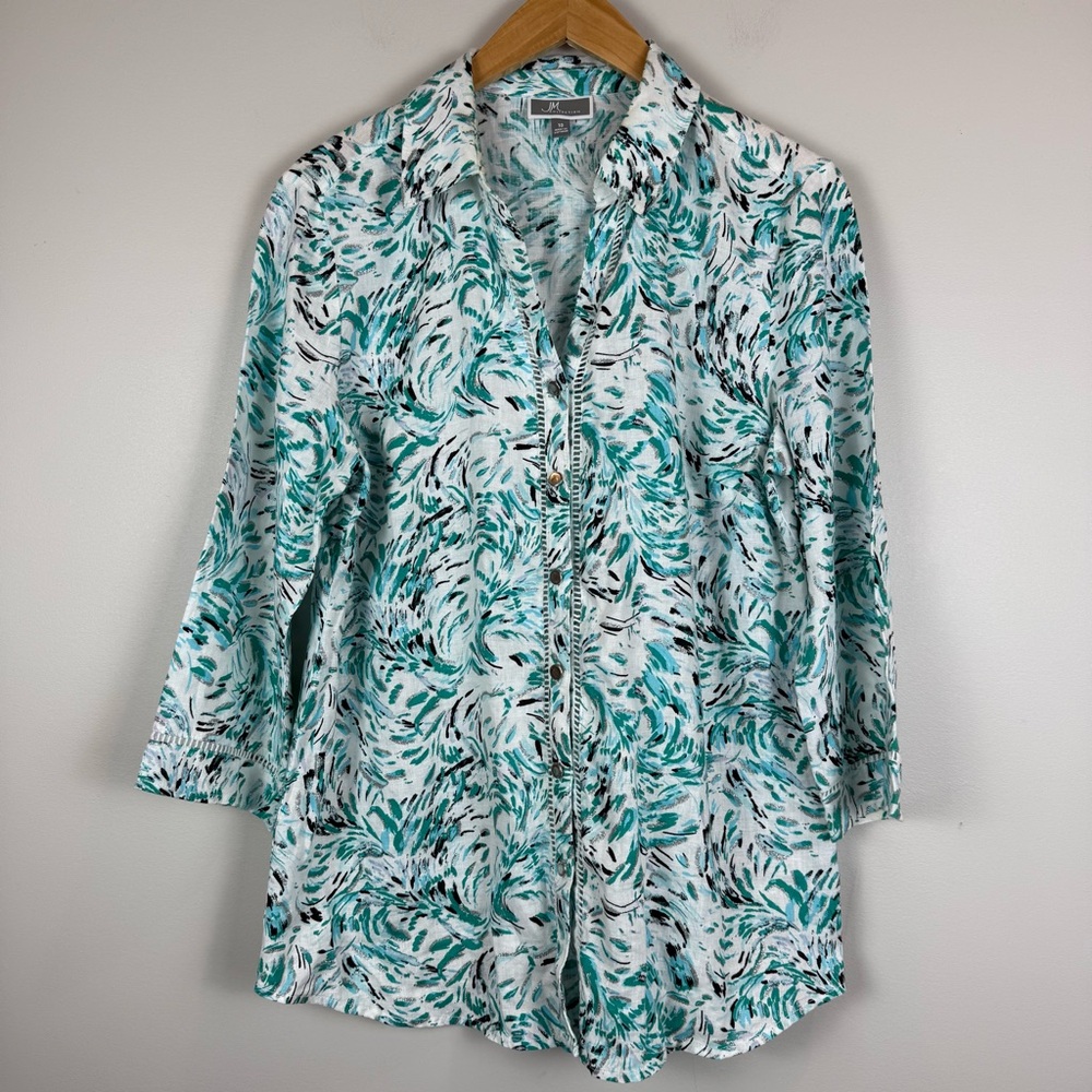 JM Collection 100% Linen Top Womens 10 Multi Printed Button Front Blouse Coastal